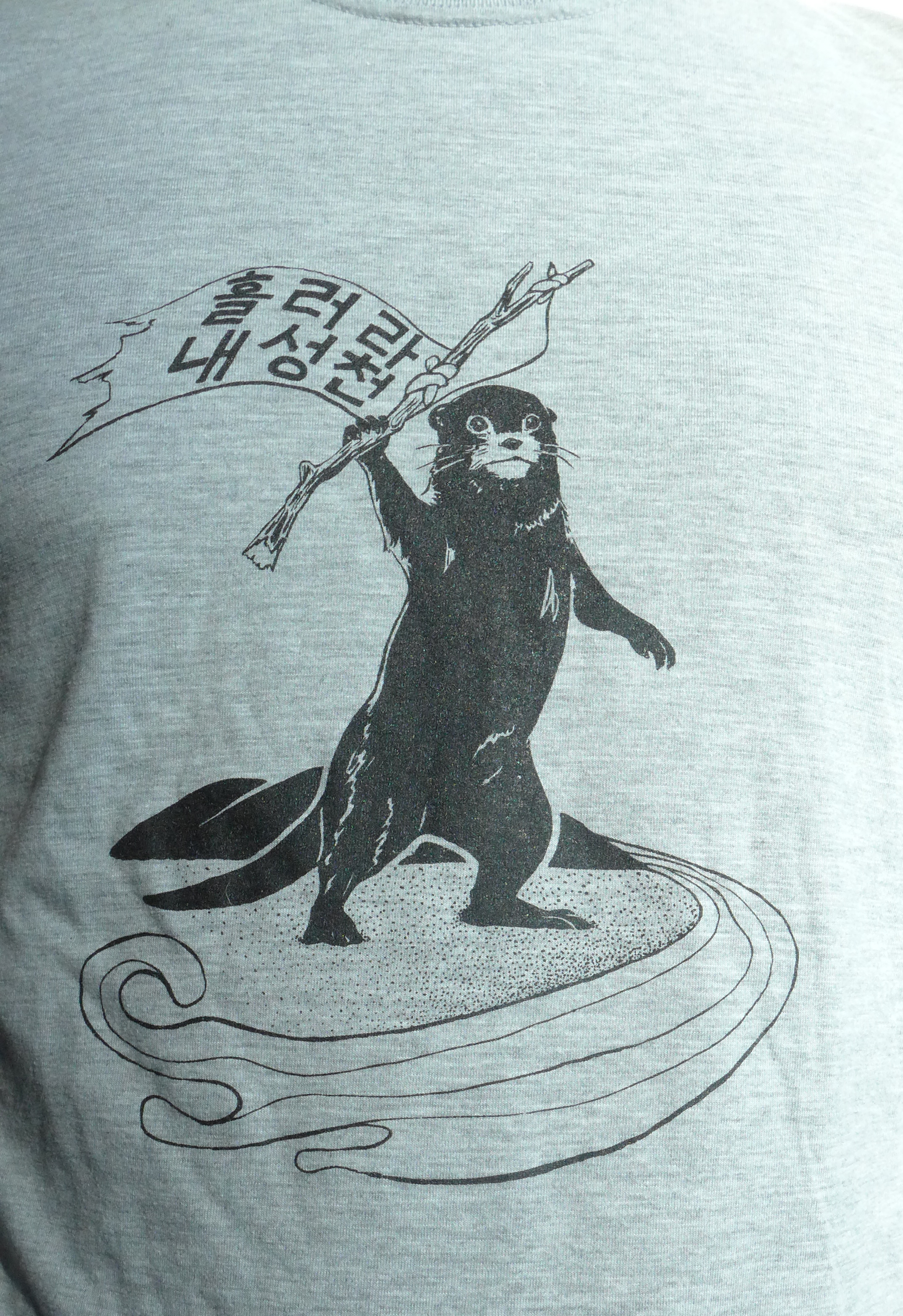 회색 옷 가운데에 흑백 그림이 있는 사진이다. 그림 속 수달은 강변 모레사장에 서서 한쪽 앞발로 나뭇가지에 묶은 낡은 천 깃발을 들고 있다. 깃발에는 '흘러라 내성천'이라고 적혀있다.