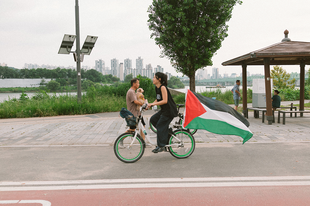 한 사람이 팔레스타인 깃발을 부착한 자전거를 타고 한강 자전거 도로를 지나가고 있는 모습을 촬영한 사진이다. 옆 공원 쉼터에는 강아지를 안고 걸어가는 사람, 벤치에서 쉬는 사람들이 보인다. 강 옆으로는 가로등과 키 큰 나무, 우거진 수풀이 있고, 한강과 한강철교, 강건너 빌딩이 늘어선 풍경이 보인다.